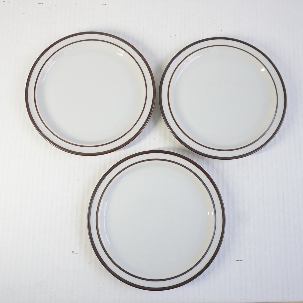 Noritake Primastone Stoneware Salad Plates Set of 3 White Brown‎ Band Japan 8"